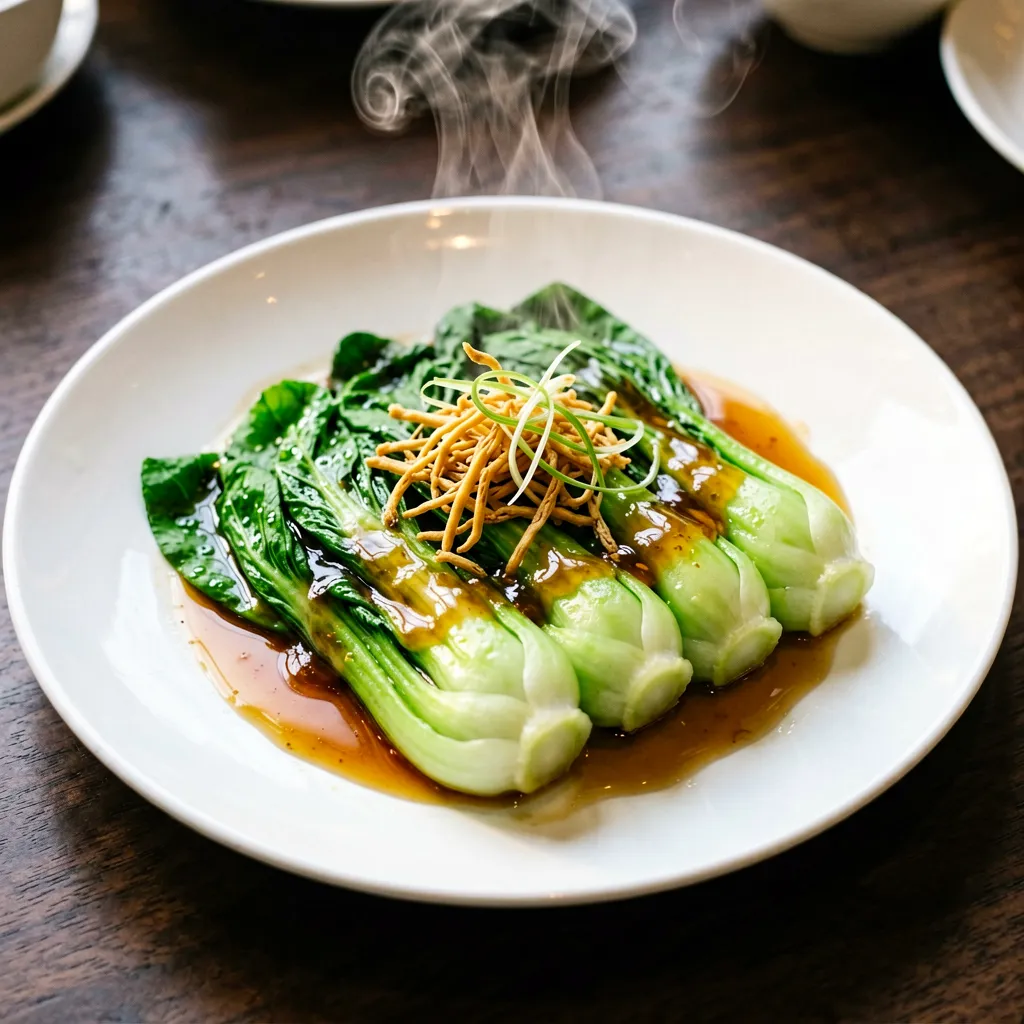 Bok choy baby cozido com tiras de vieira seca