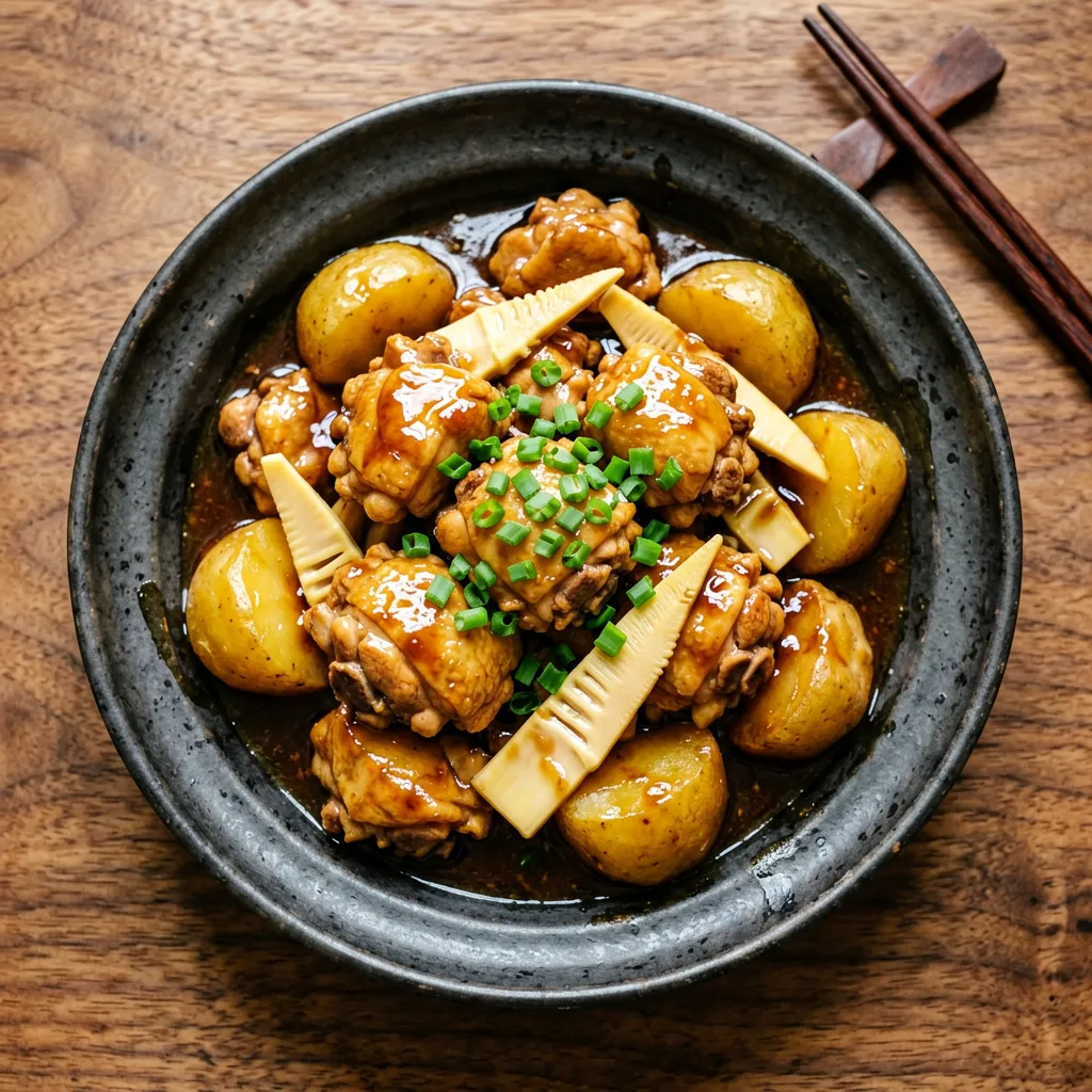 Pollo guisado con patatas y brotes de bambú