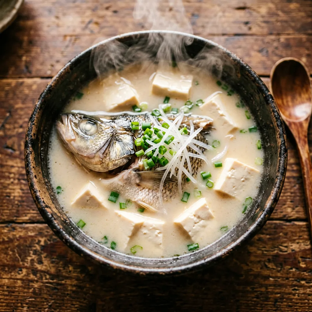 Sopa de cabeza de pescado y tofu con tiras de nabo
