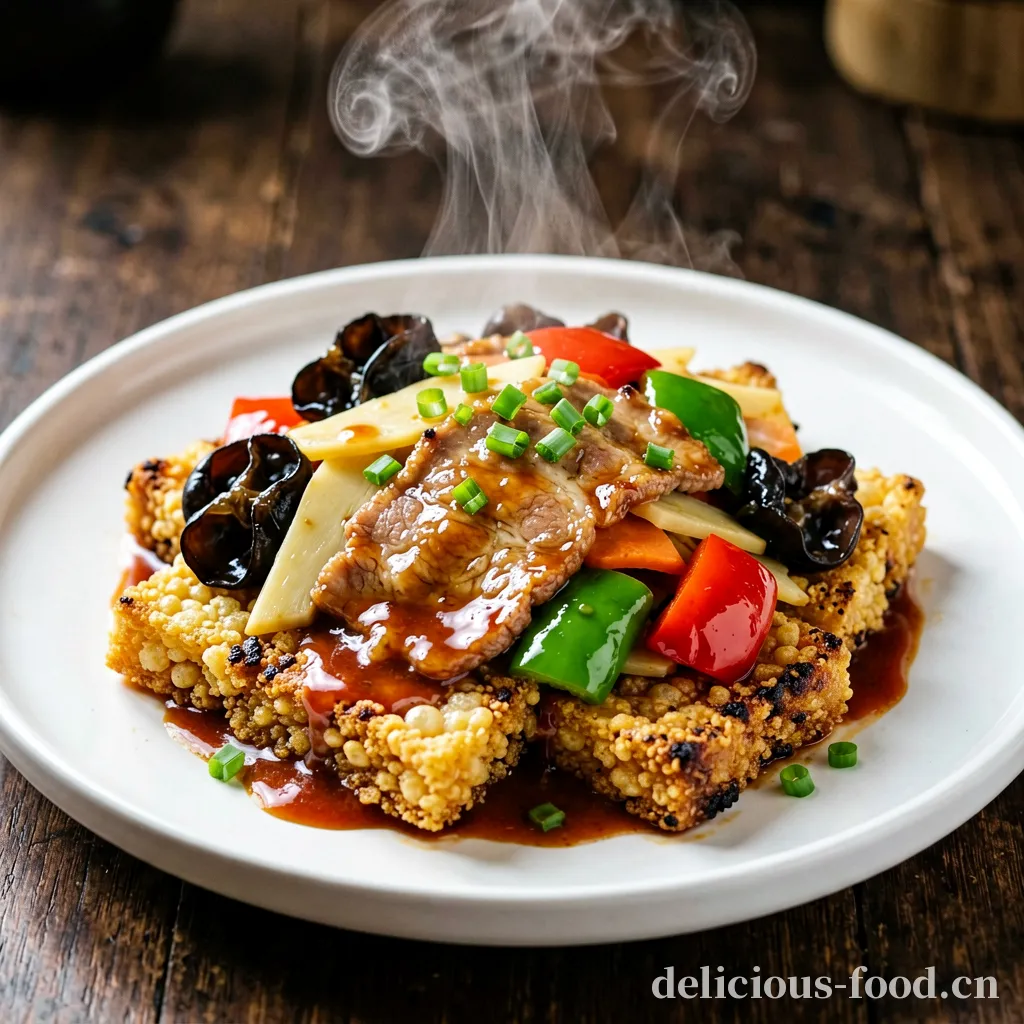 Tiras de cerdo con arroz crujiente (Guoba)