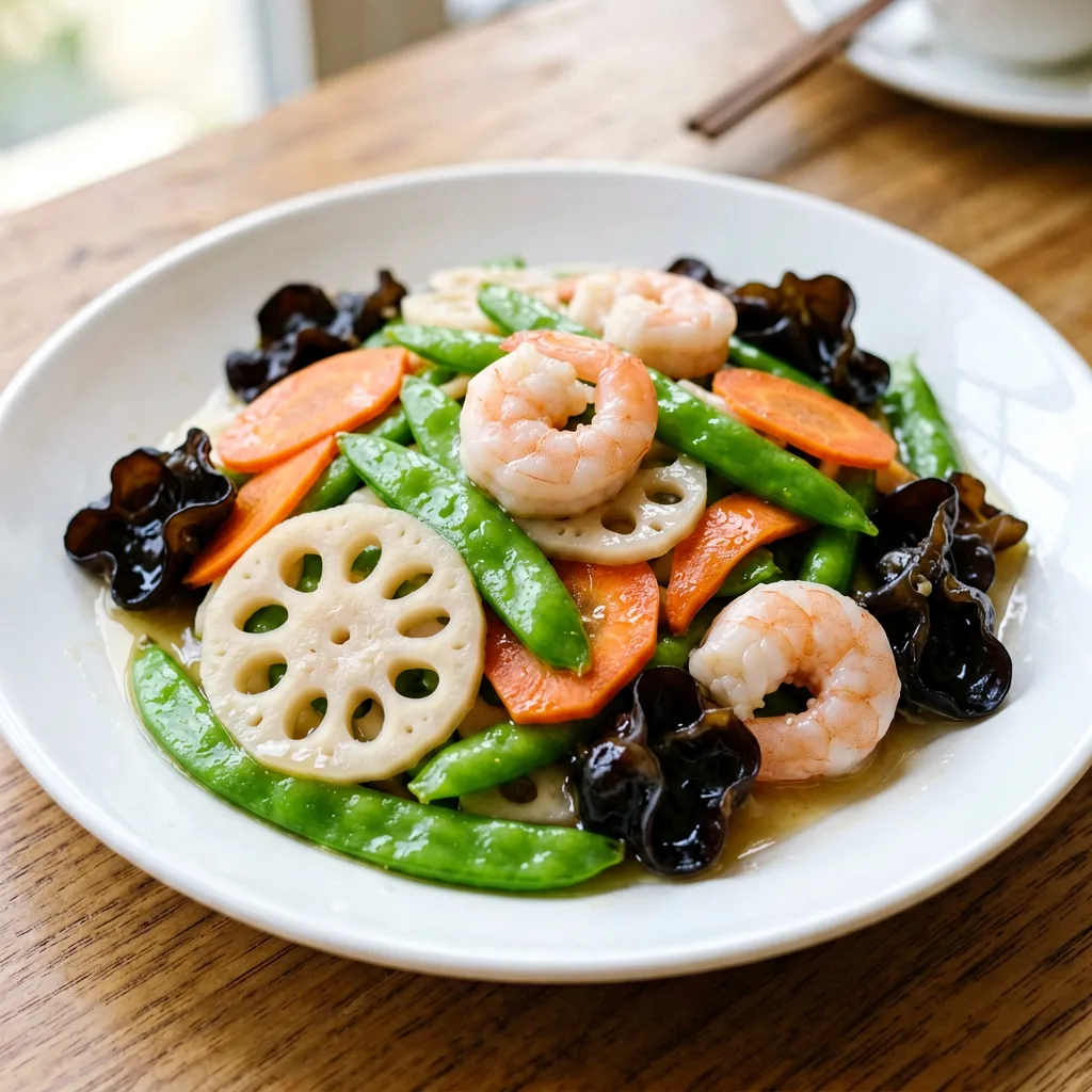 Salteado de raíz de loto y verduras