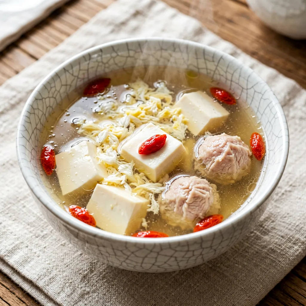 Sopa de tofu e flor de pereira