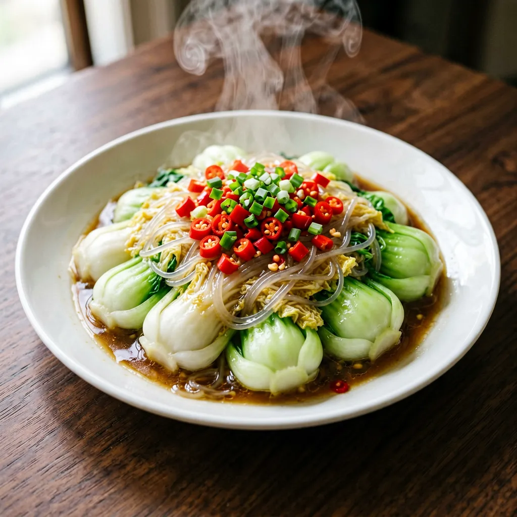 Mini chou chinois vapeur au piment haché et vermicelles de soja