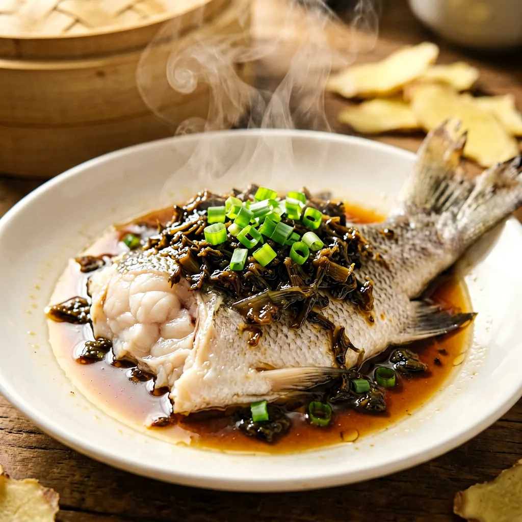 Queue de poisson vapeur aux légumes marinés (梅菜蒸鱼尾)