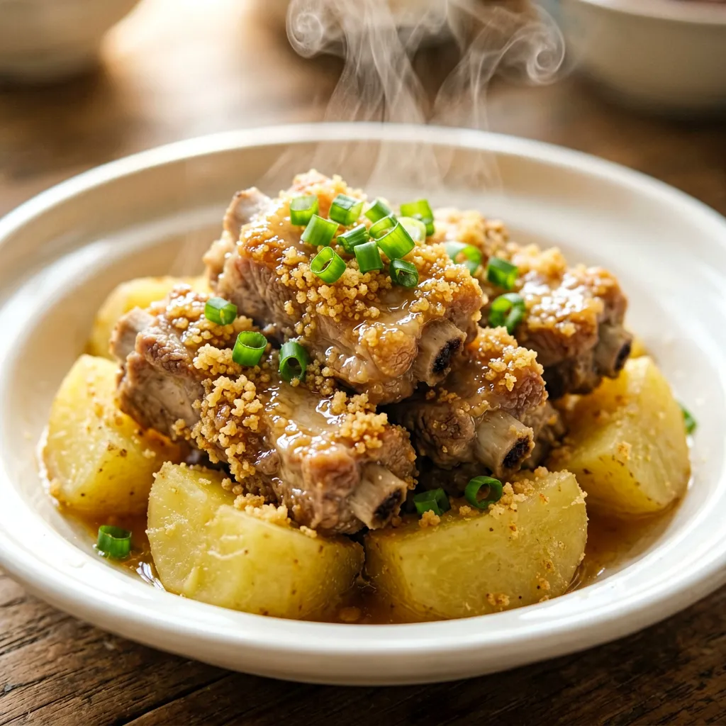 Costelas de porco cozidas no vapor com farinha de arroz