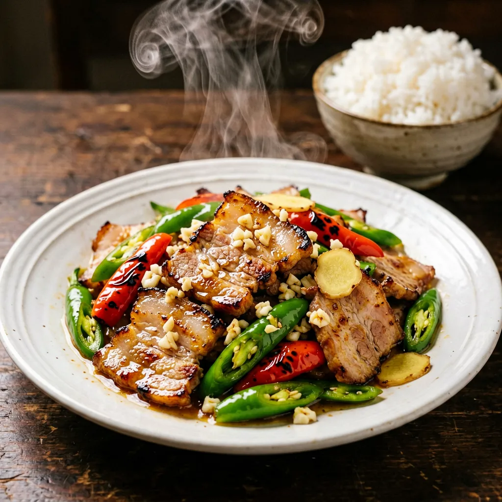 Carne de porco salteada com pimentões